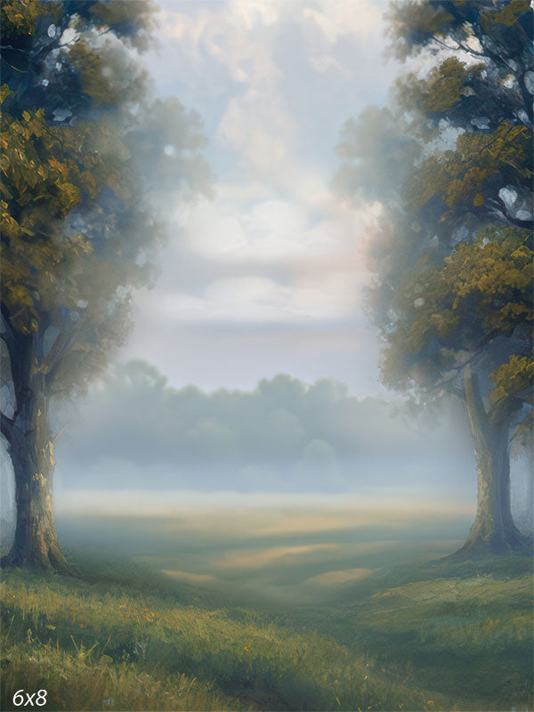 Printed photography backdrop showing a forest meadow clearing with tall trees framing both sides and soft mist over a distant treeline. The center ground stays open and low in detail behind a subject.