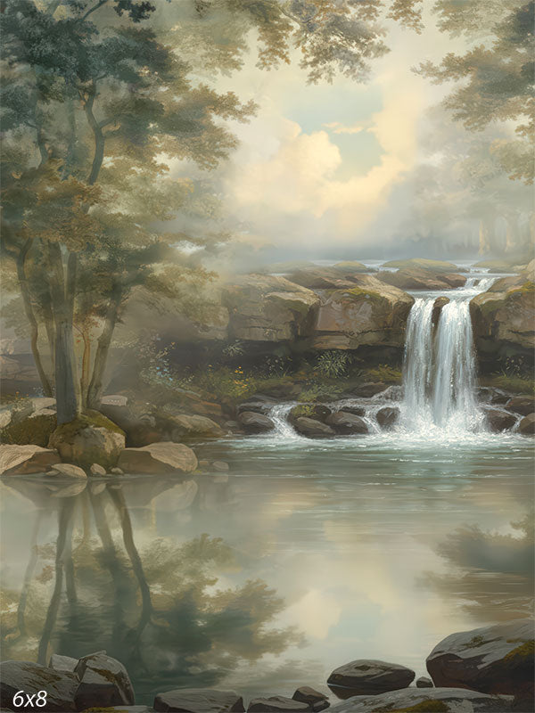 Printed photography backdrop showing a misty forest with a rocky waterfall and calm reflective water in the foreground. Soft greens and warm stone tones create gentle depth behind a subject.