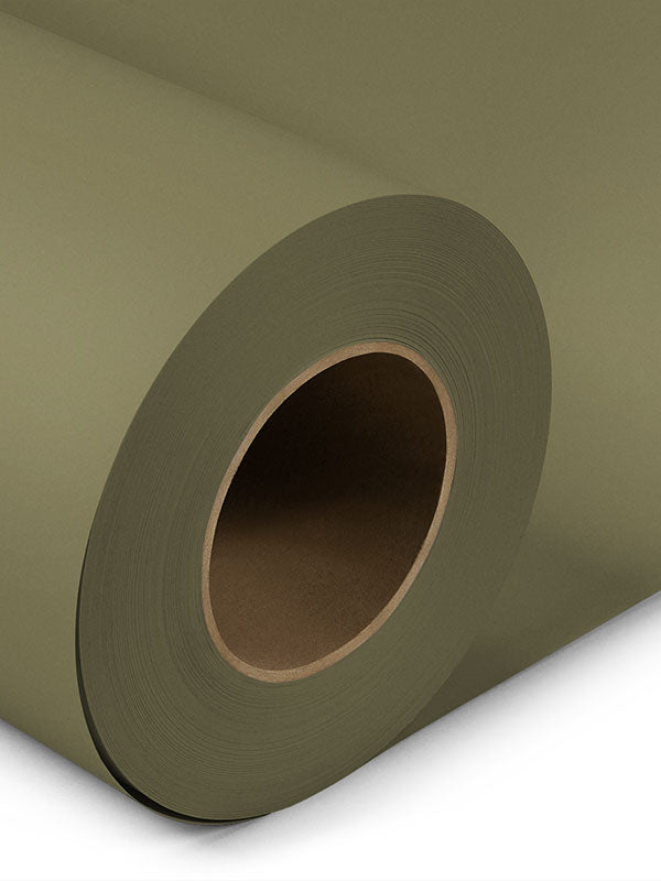 Close-up of moss green seamless photography backdrop paper roll, ideal for studio photography and video shoots.
