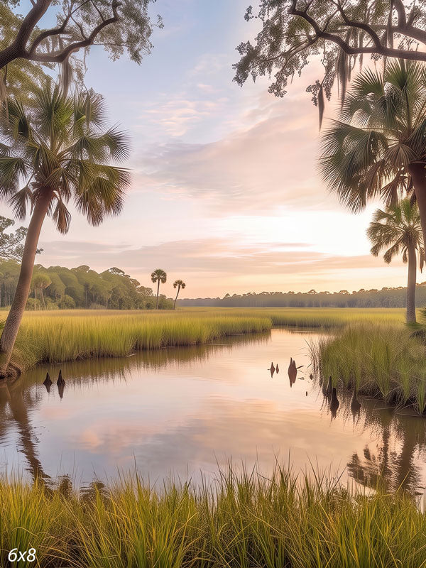 Still bayou creek winding through golden marsh grass with palmettos and moss-draped oak branches under a peach sunset, a scenic photography backdrop.