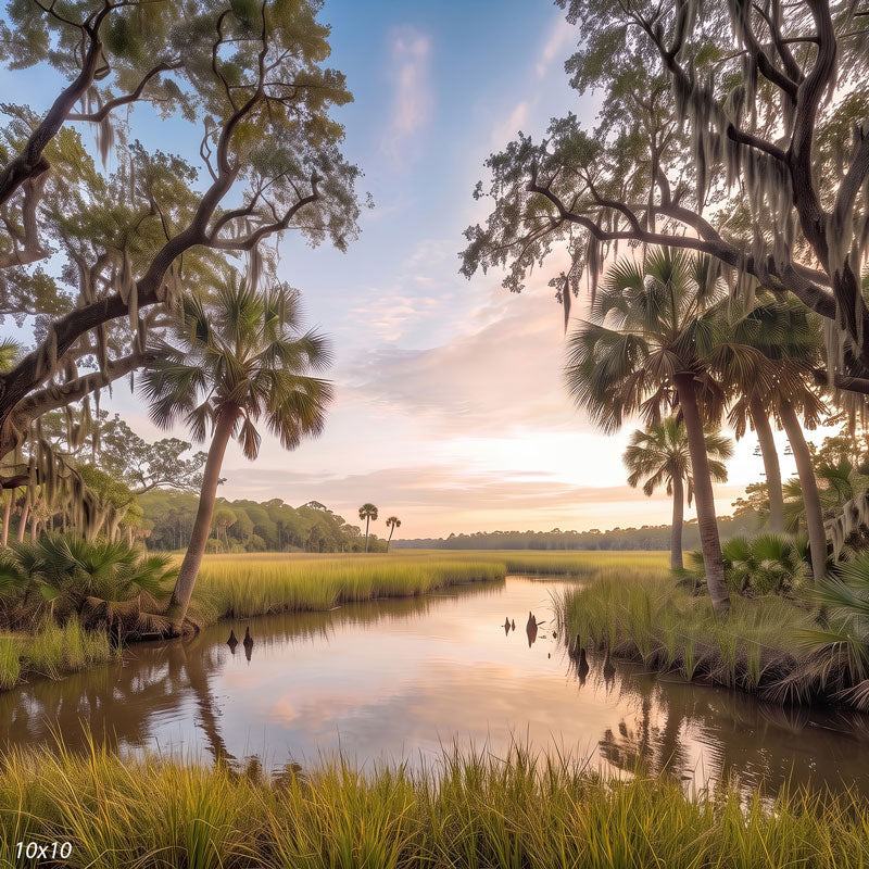 Wider view of the bayou marsh showing more of the live oak canopy and Spanish moss above the tidal creek and sunset sky, a scenic photography backdrop.