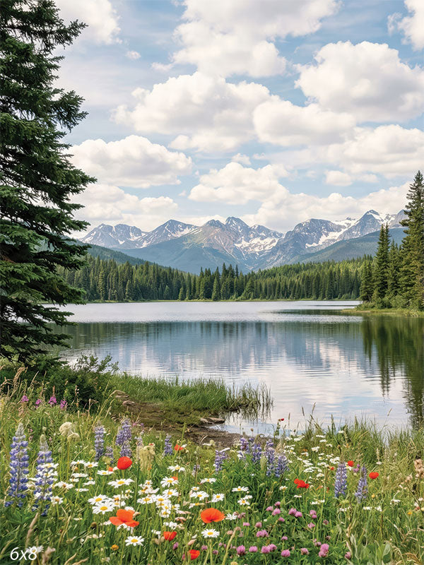 Printed photography backdrop showing a calm lake with evergreen trees, snow-capped mountains, and wildflowers along the shoreline beneath a bright cloud-filled sky. The studio background has reflective water and layered natural landscape detail.