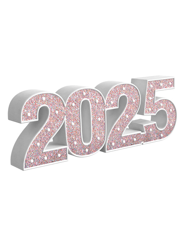 Angled view of a white 2025 year number prop with sparkling multicolor glitter and clean trim—ideal for cheerful New Year minis, grad shoots, and studio milestone setups.