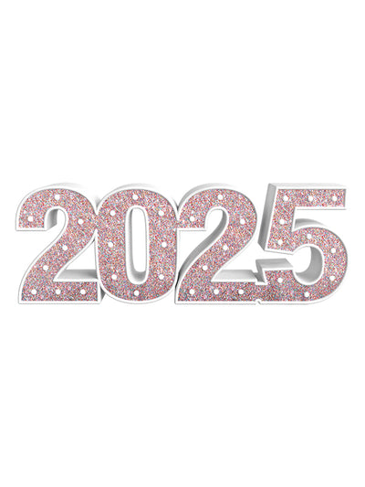 Straight-on image of a 2025 prop with vibrant multicolor glitter on a white base—great for festive photo sessions, graduation portraits, and bright studio celebrations.