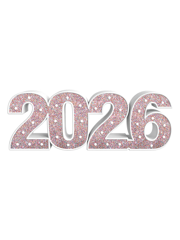 Straight-on image of the 2026 number prop with dazzling multicolor glitter on a white background—great for studio celebrations, grad shoots, and birthday photos.
