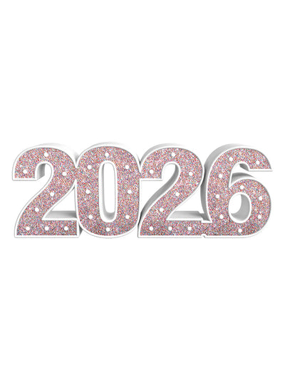 Straight-on image of the 2026 number prop with dazzling multicolor glitter on a white background—great for studio celebrations, grad shoots, and birthday photos.