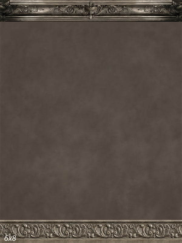 Printed photography backdrop showing a muted gray textured wall with subtle decorative framing used behind a portrait subject.