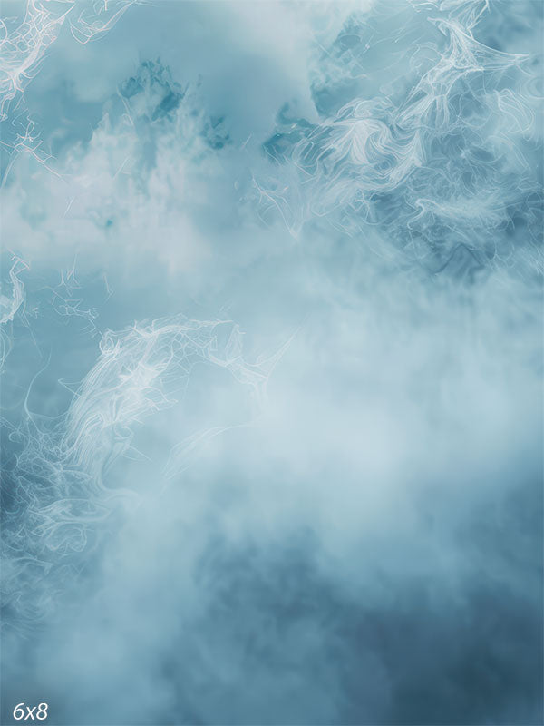 Hand-painted abstract backdrop with soft blue and white fog-like textures, ideal for portraits and editorial photography.
