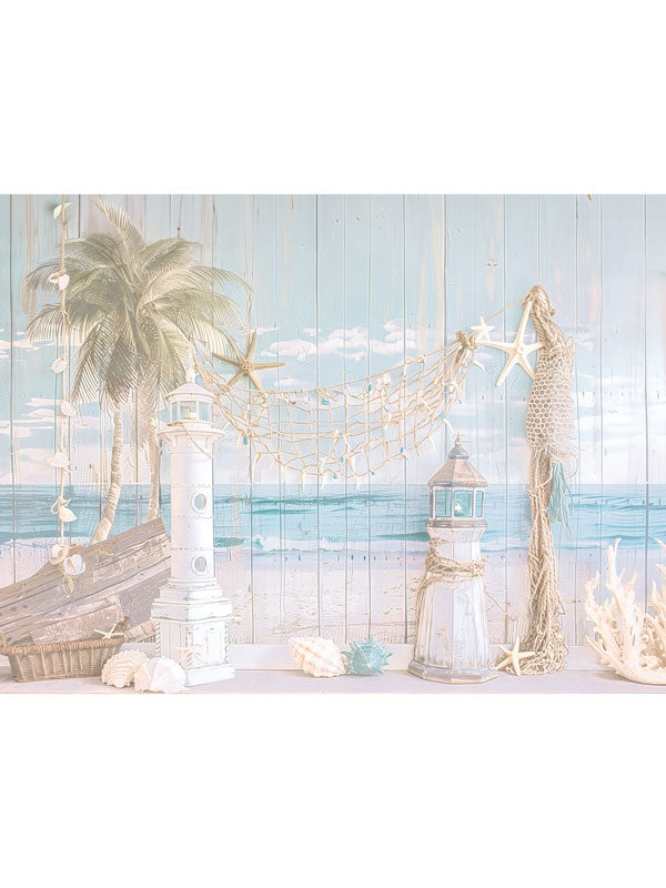 Nautical Beach Photography Backdrop - Nautical-themed photography backdrop with lighthouses, palm trees, and beach decor, ideal for kids' photoshoots.