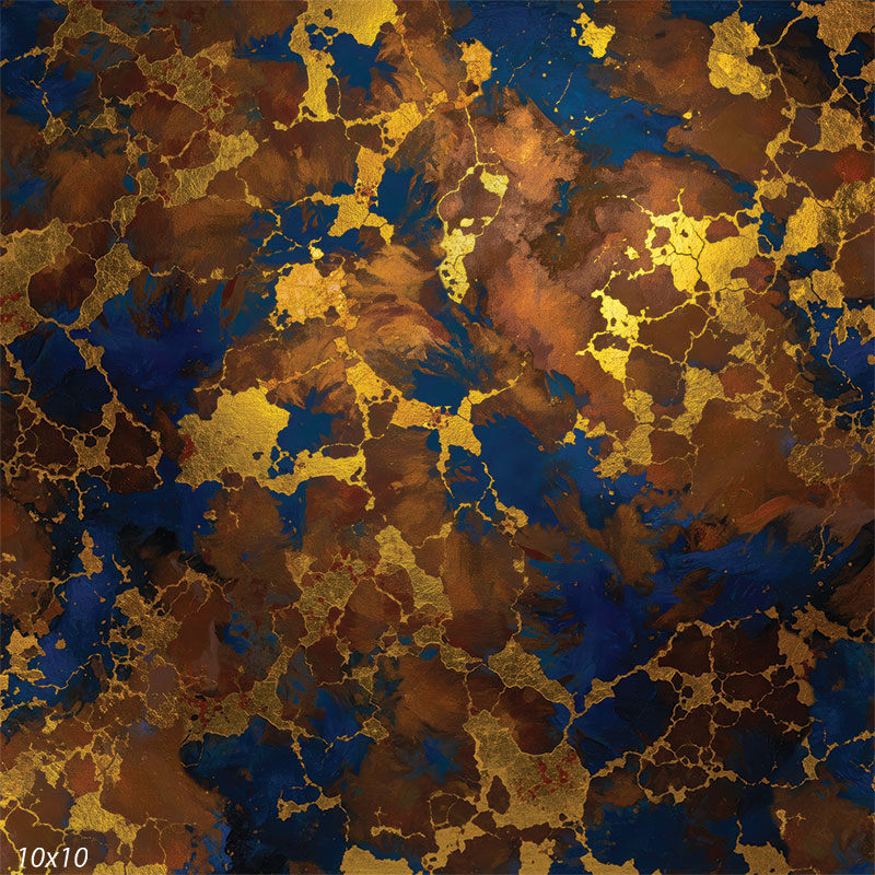 Printed studio background featuring dark blue pools, brown transitions, and scattered gold metallic-style cracks and patches across an abstract surface. The pattern provides bold texture behind a subject.