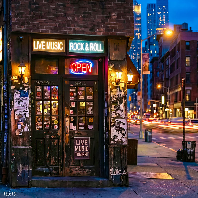 Wider view of the neon-lit urban bar corner, showing more of the street and blurred traffic lights, an urban photography backdrop.