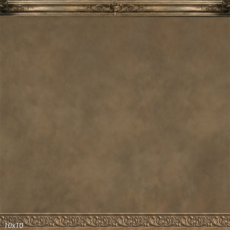 Studio background featuring a neutral beige wall with ornate decorative border details for portrait photography with a subject positioned in front.