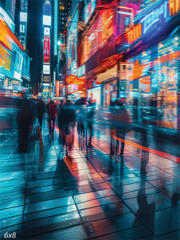 New York Neon Nights Photography Backdrop - Times Square photography backdrop featuring blurred crowds and neon-lit billboards capturing the dynamic energy of New York City.