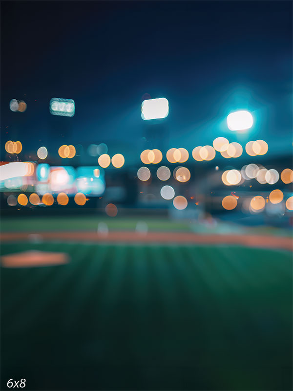 Baseball stadium backdrop featuring a night field with illuminated lights and bokeh crowd background for sports photography.