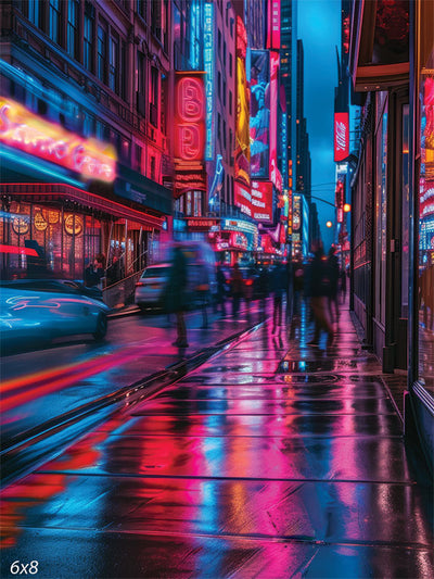 Nightlife City Lights Photography Backdrop - Photography backdrop featuring a bustling city street with vibrant neon lights and a blurred crowd.