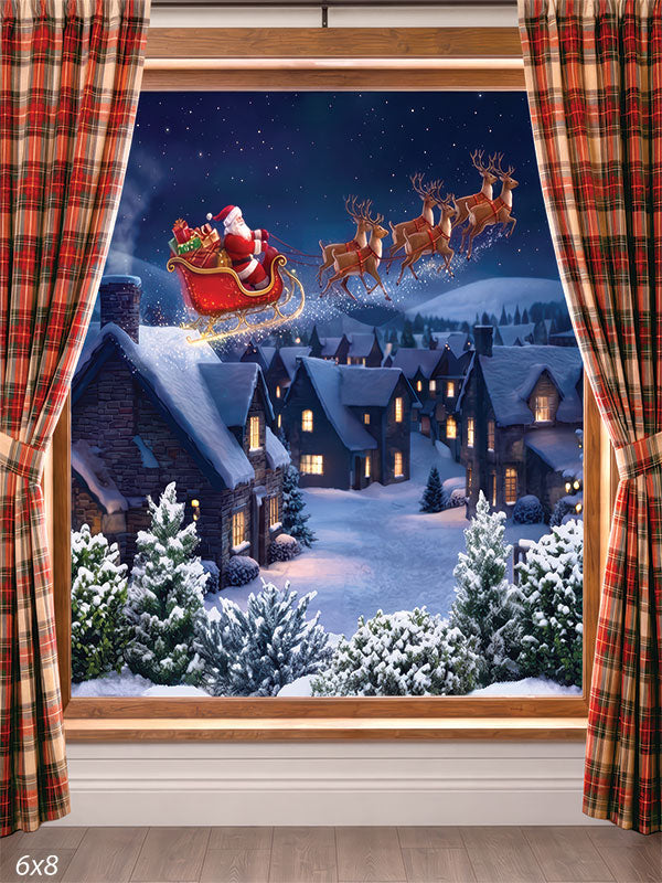 Noel Night Santa's sleigh reindeer snowy Christmas village window view red plaid curtains backdrop CP-8921