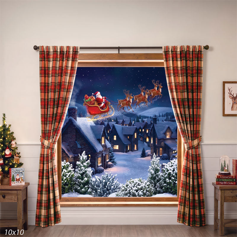 Noel Night magical Christmas Eve window Santa sleigh village night sky plaid curtains portrait backdrop CP-8921