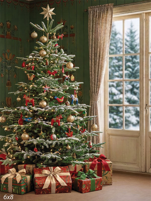 Nordic Noel green folk art Christmas room Scandinavian tree backdrop CP-8903