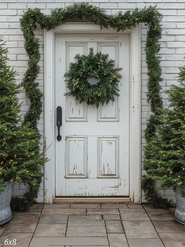 Nordic Porch distressed white door greenery wreath lit garland pine trees backdrop CP-8929