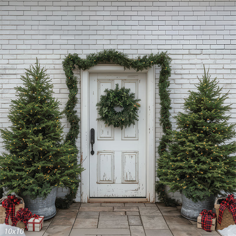 Nordic Porch white brick porch with greenery wreath flanking pine trees and plaid accents backdrop CP-8929