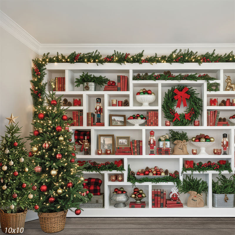 Nutcracker Nook white Christmas bookcase nutcrackers plaid books garland lit tree portrait backdrop CP-8934