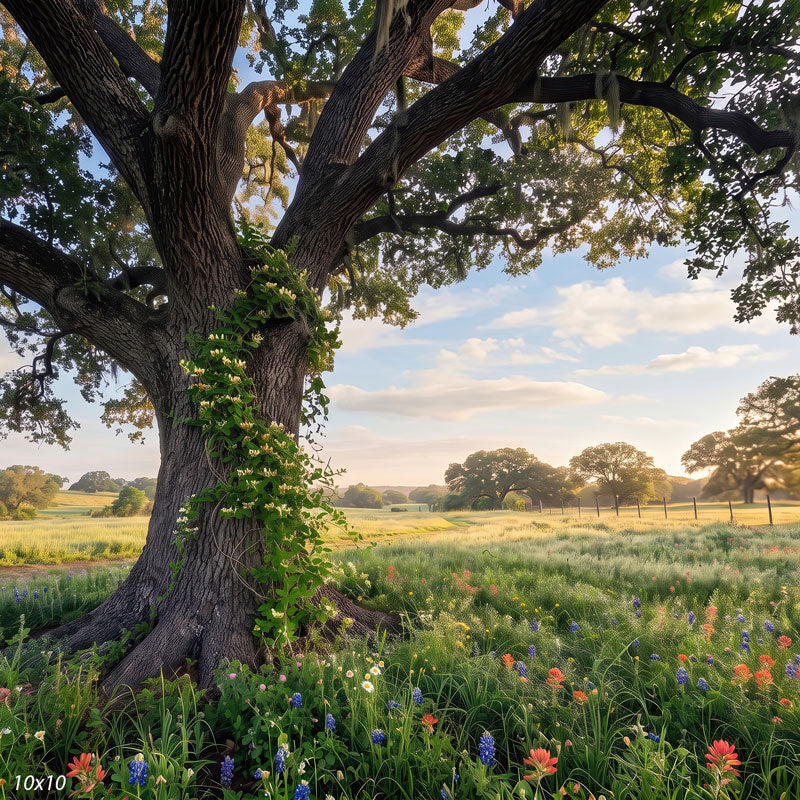 Wider view of the live oak showing more of its spreading mossy limbs above the bluebonnet meadow and open pasture, a scenic photography backdrop.