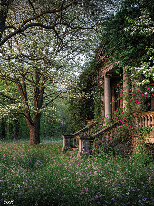 Overgrown spring forest estate backdrop, showing ivy-covered stone steps and columns on the right, a blossoming tree on the left, and a meadow of tall grass and wildflowers in warm, golden-hour light.