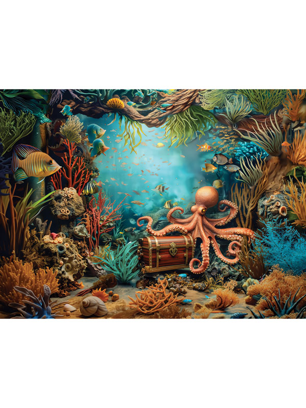 Octopus Treasure Cove Photography Backdrop - Vibrant underwater photography backdrop featuring a playful octopus and a treasure chest surrounded by coral reefs.