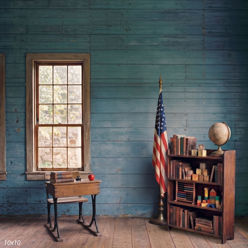 Old Glory Schoolroom antique schoolroom desk apple and flag wide scene backdrop CP-8973