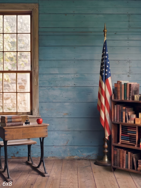 Old Glory Schoolroom vintage blue schoolroom with american flag photography backdrop CP-8973