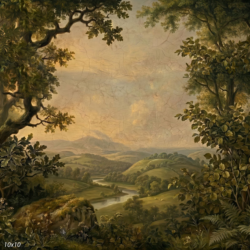 Old Master Vale antique craquelure river valley painting wide scene backdrop CP-8961