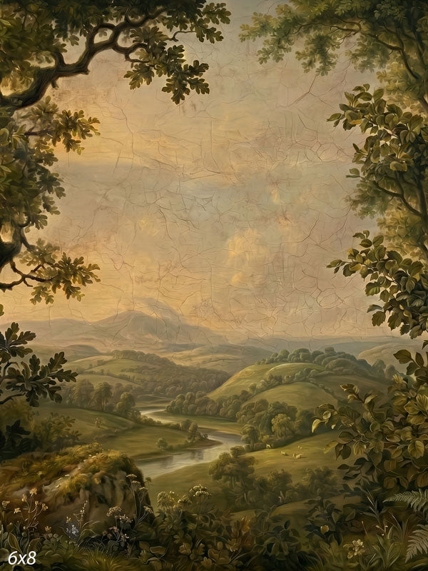 Old Master Vale old world pastoral vista with aged cracked finish photography backdrop CP-8961