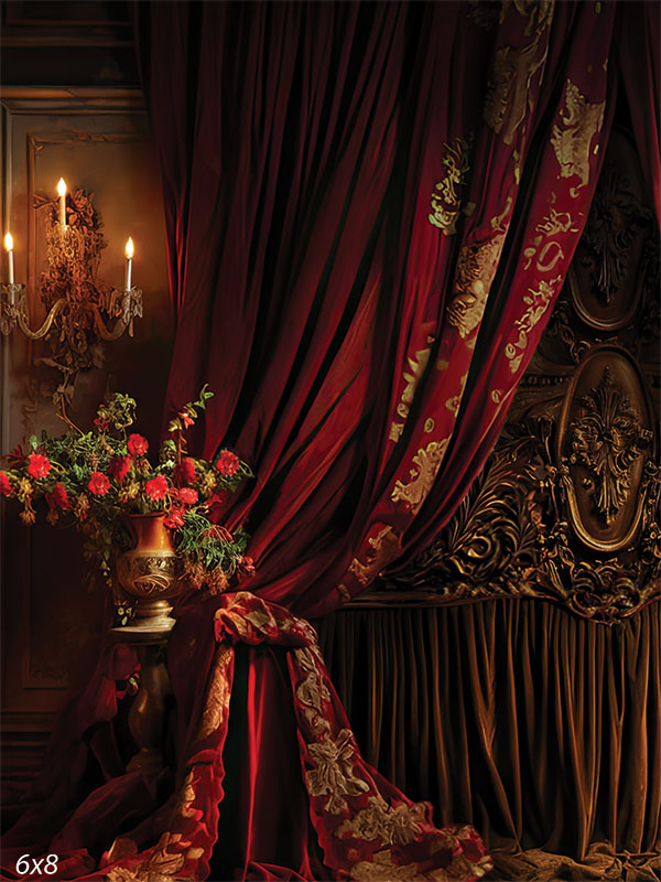 Opulent Velvet Photography Backdrop - Photography backdrop featuring rich red velvet curtains, a vintage candelabra, and a vase with vibrant red flowers.