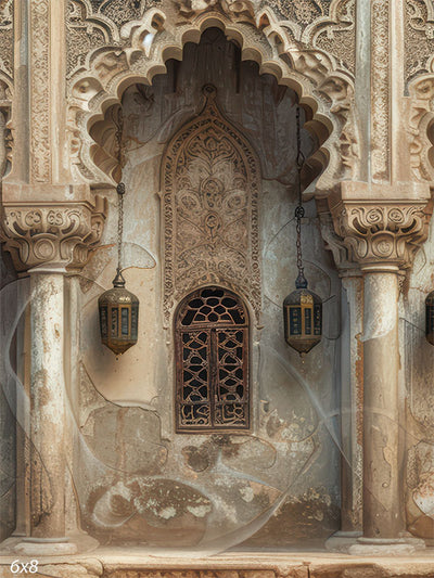 An intricately detailed Arabian-style backdrop featuring a carved archway, a decorative window, and hanging lanterns, perfect for professional photography.