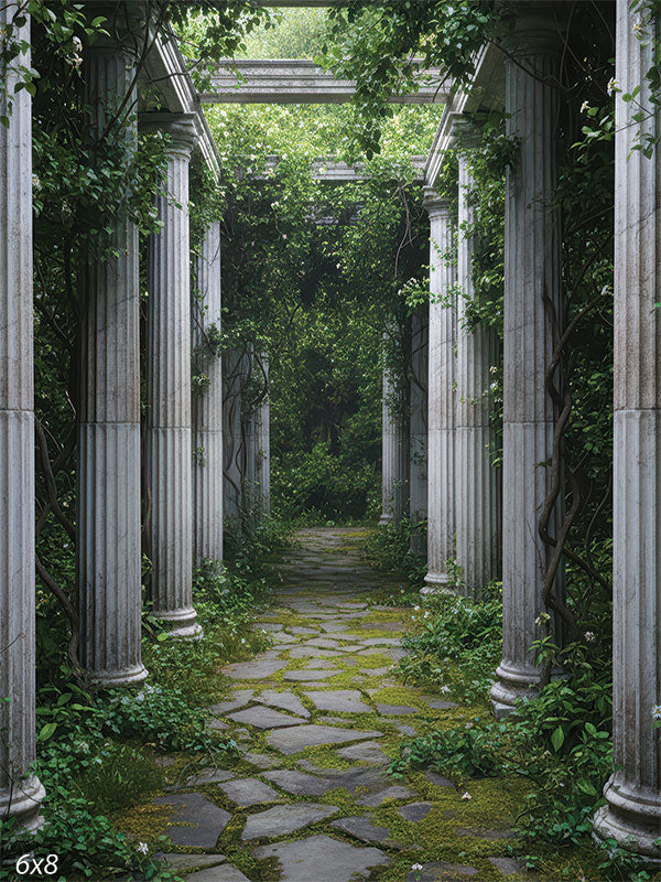 Printed photography backdrop showing a stone column walkway covered in ivy and vines with a mossy stone path leading into a shaded garden corridor. The scene creates strong depth behind a subject.