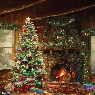 Painted cozy cabin fireplace and Christmas tree professional photo backdrop featuring a glowing stone hearth, decorated tree with colorful ornaments, wrapped gifts, rocking horse, and window view — perfect for nostalgic holiday portraits and whimsical seasonal photo sessions.