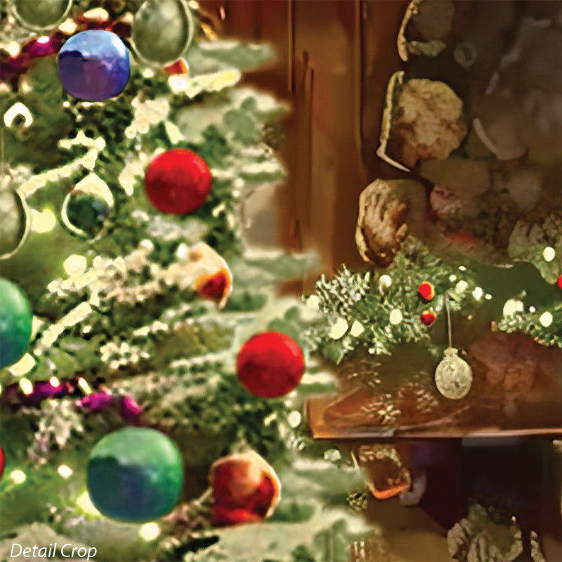 Detail crop of painted cozy cabin fireplace and tree backdrop showing close-up brushwork of holiday garlands, colorful ornaments, and stone textures — ideal for previewing the artistic print style and fine detail of the Christmas photo backdrop.