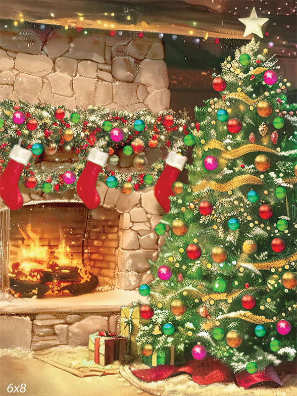 Painted-style Christmas backdrop featuring a glowing stone fireplace, festive garland with stockings, and a vibrant tree decorated with multicolored ornaments—perfect for cheerful holiday portraits and playful seasonal mini sessions.