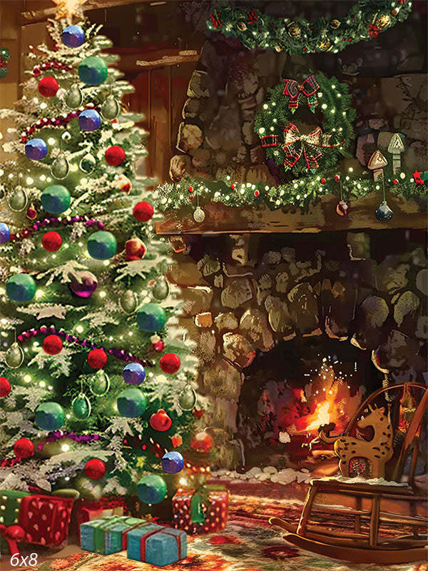 Painted-style Christmas photography backdrop featuring a glowing stone fireplace, festive tree with colorful ornaments, rocking horse, and wrapped gifts—perfect for cozy, storybook-style holiday portraits and studio minis.