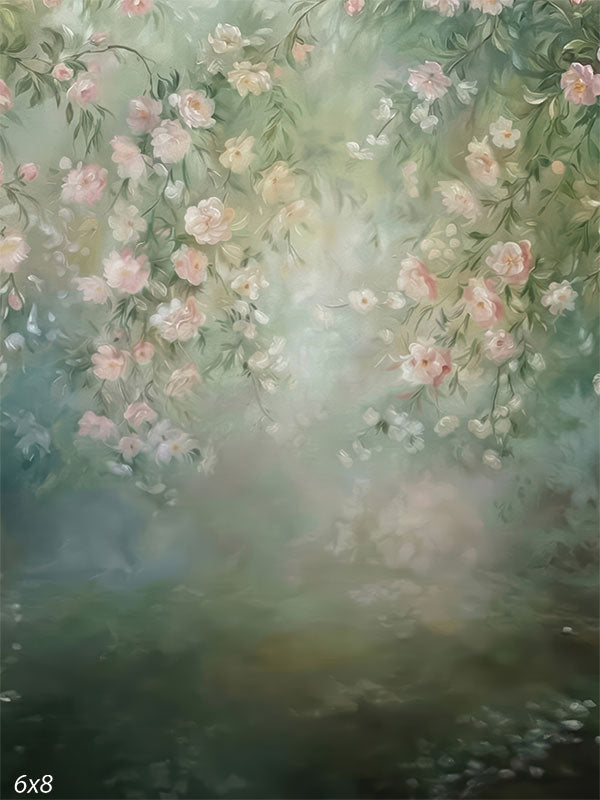 A vertical studio background showing cascading pink roses and misty green foliage in a hand-painted style. The bottom transitions to dark green while the center holds a soft, hazy light.
