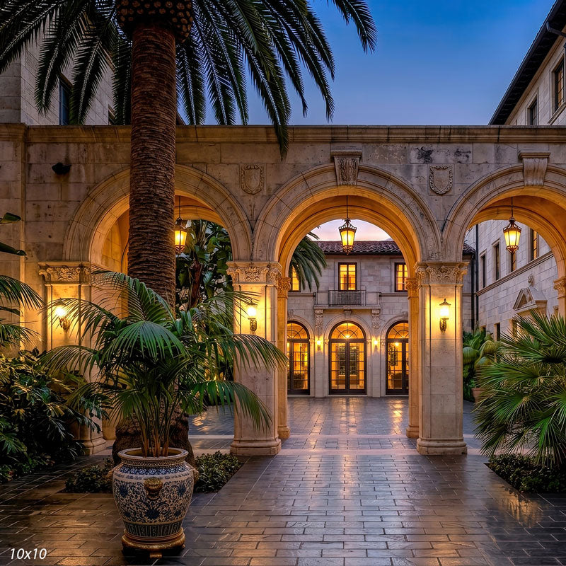 Wider view of the Mediterranean villa courtyard, showing more of the arches, lit windows, and tiled paving, a scenic photography backdrop.