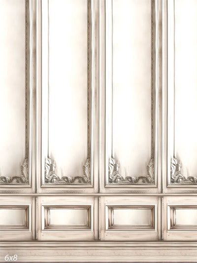 Paneled White Wall Photography Backdrop - Paneled white wall photography backdrop with intricate detailing.