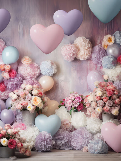 Pastel Balloon and Floral Photography Backdrop - Photography backdrop featuring heart-shaped balloons in pastel colors and lush floral arrangements against a textured background.