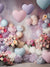 Pastel Balloon and Floral Photography Backdrop - Photography backdrop featuring heart-shaped balloons in pastel colors and lush floral arrangements against a textured background.