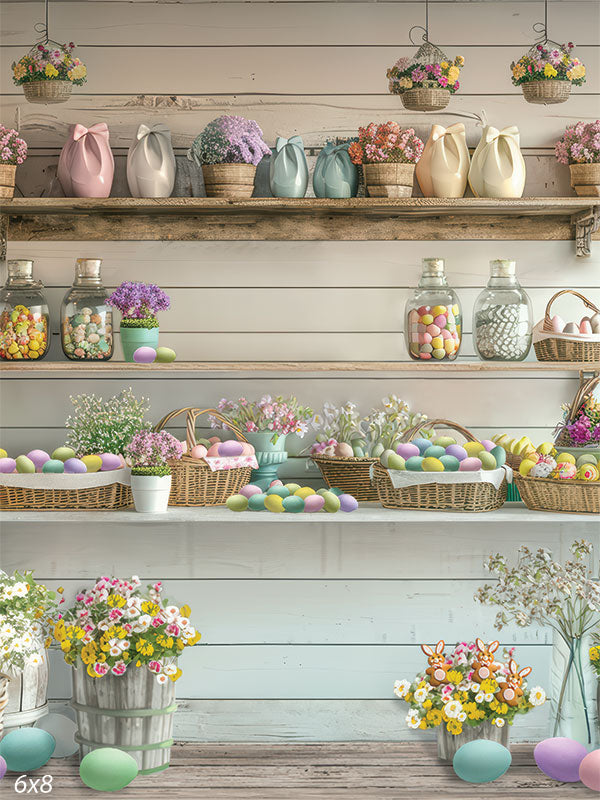 Pastel-themed Easter and spring floral market backdrop with baskets, flowers, and colorful eggs for seasonal photography sessions.