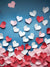 Pastel Heart Confetti Photography Backdrop - Photography backdrop featuring paper hearts in shades of pink, white, and red scattered across a soft blue background.