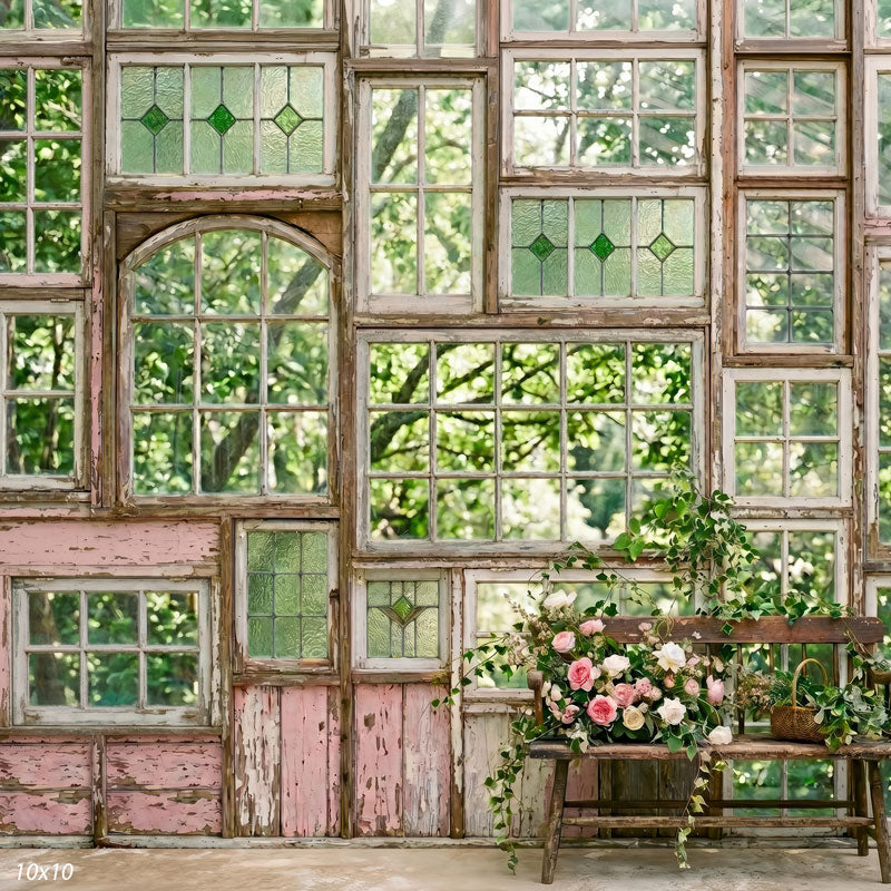 Pastel Porch distressed pink window wall and rose bouquet wide scene backdrop CP-8970