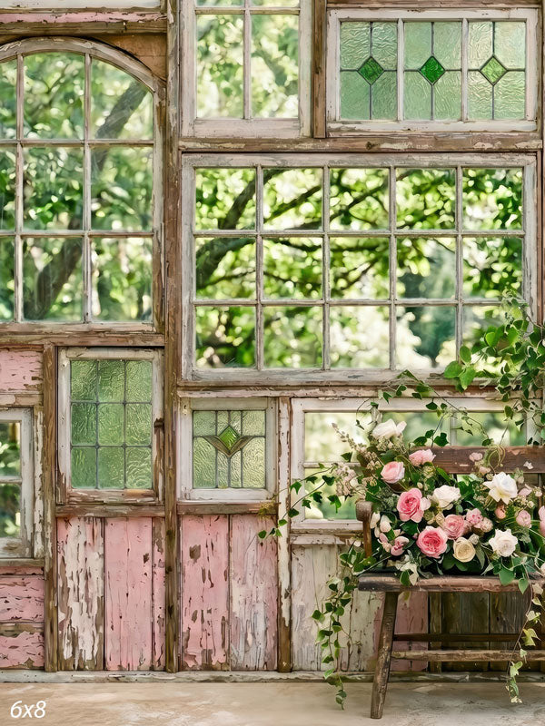 Pastel Porch shabby chic vintage windows with spring roses photography backdrop CP-8970