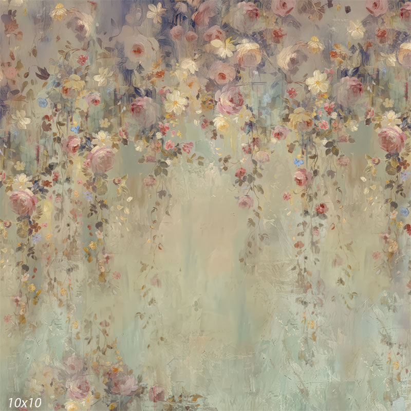 Square floral photography backdrop showing a fuller canopy of pastel roses and blooms drifting down over a softly blended neutral garden background, ideal for romantic full-length portraits or family sessions.