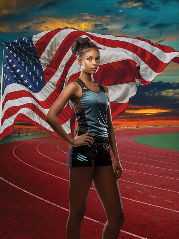 A patriotic photography backdrop featuring a waving American flag over a red running track at sunset, ideal for sports portraits and events.
